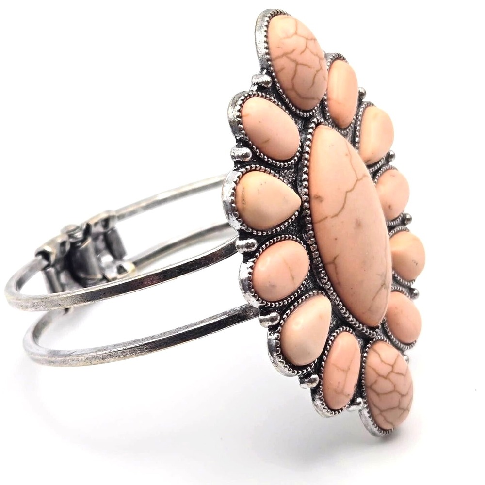 Pink Stone Silver Tone Hinged Statement Bracelet Southwestern Marquis‎